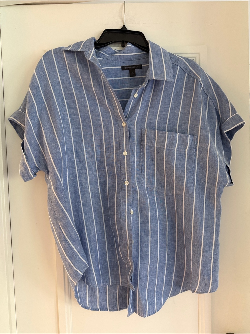 Banana Republic Blue and White Vertical Stripe Linen Button-Up Shirt